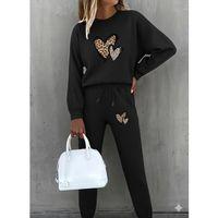 Kadın Uzun Kollu Bisiklet Yaka Kalp Desenli şardonlu üç Iplik Bluz Ve Pantolon Ikili Takım