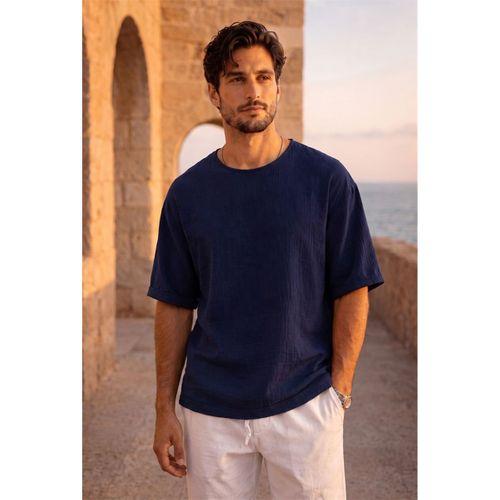Godard Relax Fit %100 Pamuk Müslin Kumaş Duble Kol Bisiklet Yaka Erkek T-Shirt - Lacivert