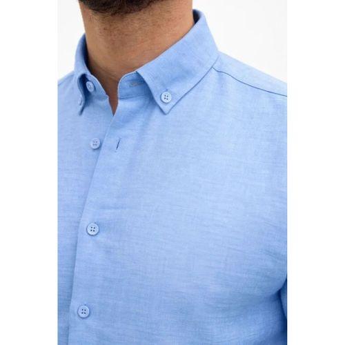 Erkek KETEN Kumaş Oversize Uzun Kollu Rahat Kalıp Gömlek - Açık Mavi