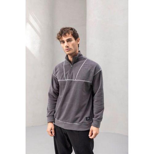 Crowe Çizgi Şeritli Oversize Yarım Fermuar Polar Erkek Sweatshirt - Füme