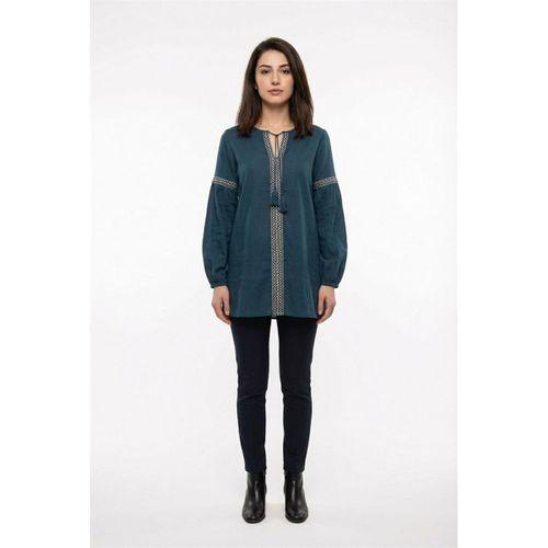 Uzun Kol Dicle Bağcıklı V Yaka Yazlık Şile Bezi Tunik Petrol Ptrl