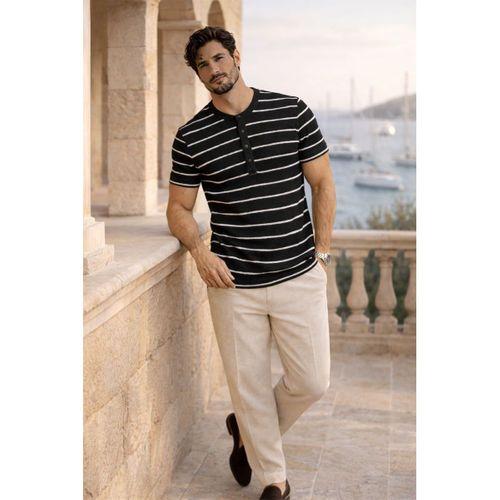 Kristof Pike Kumaş Regular Fit Düğmeli Yaka Kendinden Çizgili T-Shirt - Siyah