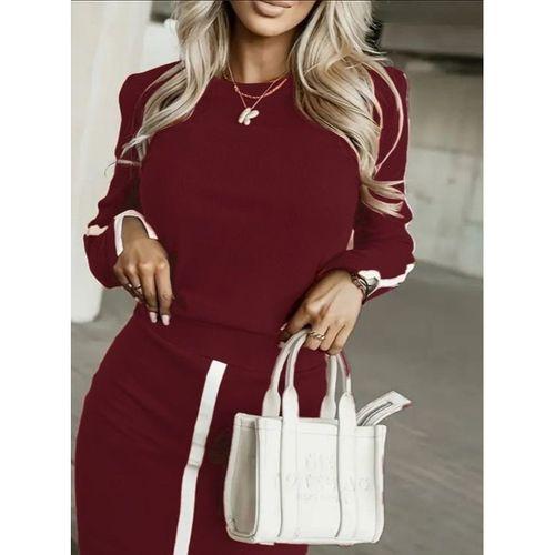 Kadın Uzun Kollu Bisiklet Yaka Kaşkorse Bluz Ve Yırtmaçlı Etek Ikili Takım