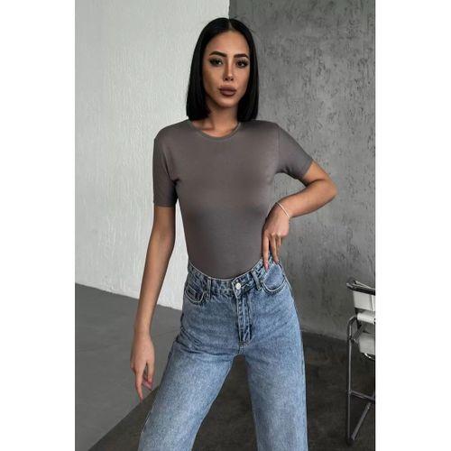 Rahat Ve Şık Kısa Kollu Bisiklet Yaka Likralı Viskon Penye Body Füme