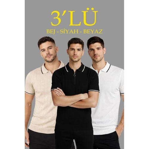 Erkek Triko Tişört Fermuar Yakalı Kısa Kol T-Shirt 3’lü Set Bej-Beyaz-Siyah