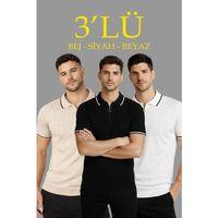 Erkek Triko Tişört Fermuar Yakalı Kısa Kol T-Shirt 3’lü Set Bej-Beyaz-Siyah