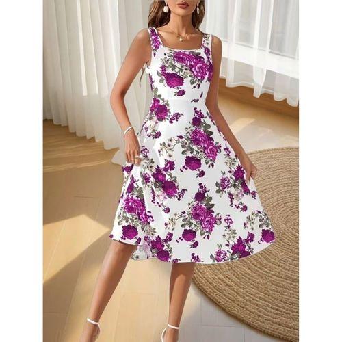 Kadın Askılı Kare Yakalı çiçek Desenli Midi Dalgıç Elbise