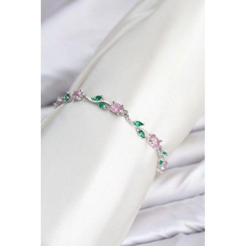 Pirinç Gümüş Renk Pembe Zirkon Taşlı Çiçek Model Kadın Bileklik