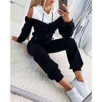 Kadın Uzun Kollu Omuzlardan Açık Kapşonlu Bağcıklı çift Renkli Viskon Iki Iplik Bluz Ve Pantolon Ikili Takım