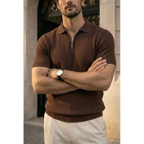 Jeff Selanik Örgü Polo Yaka Yarım Fermuarlı İnce Triko Erkek T-Shirt - Kahve