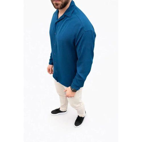 Erkek Aerobin Kumaş Oversize 4 Mevsim Uzun Kollu Rahat Kalıp Gömlek - İndigo