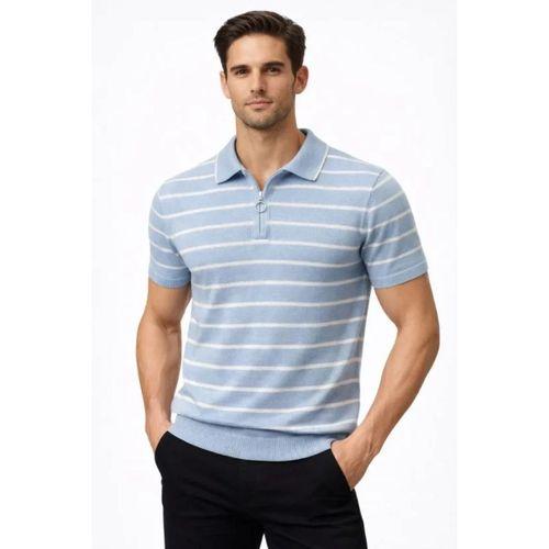 Erkek Triko Polo Yaka Fermuarlı Çizgili Tişört T-Shirt Yazlık Şık - Bebek Mavisi