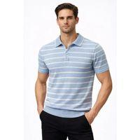 Erkek Triko Polo Yaka Fermuarlı Çizgili Tişört T-Shirt Yazlık Şık - Bebek Mavisi