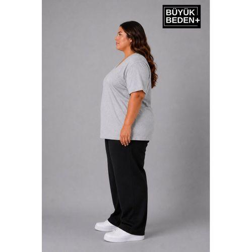 Süperlife Büyük Beden Kadın V Yaka Pamuklu Basic Tişört Lacivert 3XL-6XL SPR26BTSK509