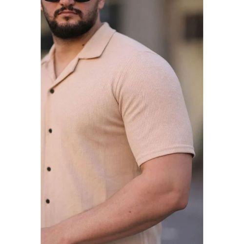 Erkek Waffle Kumaş Kısa Kollu Düğmeli Açık Yaka Regular Fit Gömlek - Bej