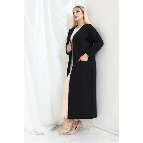 Melsay Butik Büyük Beden Siyah Dokulu Örme Kumaş Uzun Kadın Hırka