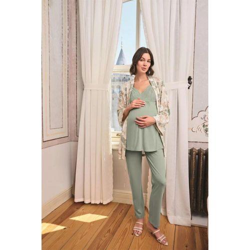 Çiçek Ve Yaprak Desenli Dantelli Hamile Lohusa 3'lü Pijama Takımı
