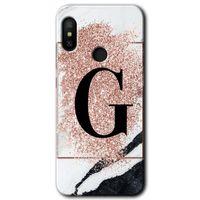 MRCİLETİSİM Xiaomi Mi Max 3 Kılıf HD Desen Baskılı Arka Kapak+Temperli Cam - Pembe Mermer Desenli G Harfi