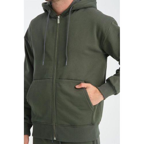 İçi Peluş Üç İplik Kumaş Oversize Fermuarlı Kapüşonlu Sweatshirt - Çam Yeşili