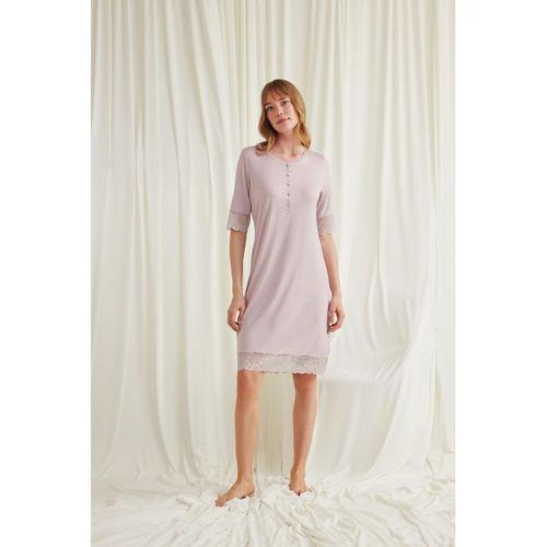 Dantel Detaylı Kısa Kollu Ve Önü Düğmeli Gecelik