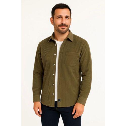 Erkek Fitilli Kadife Cepli Gömlek Oversize Rahat Kalıp - Haki