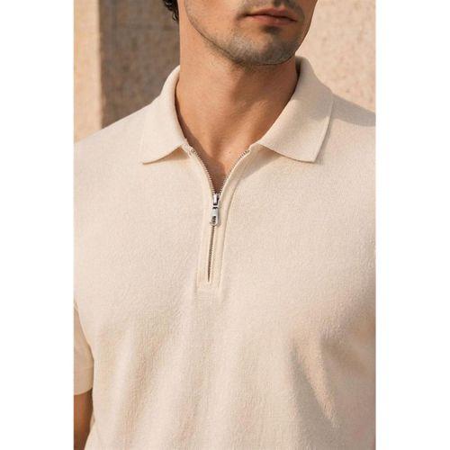 Linus Fermuarlı Polo Yaka Kısa Kollu İnce Triko Erkek T-Shirt - Bej
