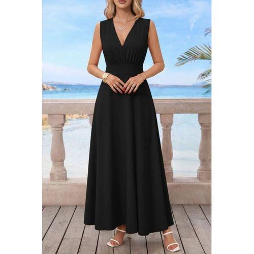 Kadın Askılı V Yakalı Bel Korsaj Detaylı Uzun Ithal Krep Elbise