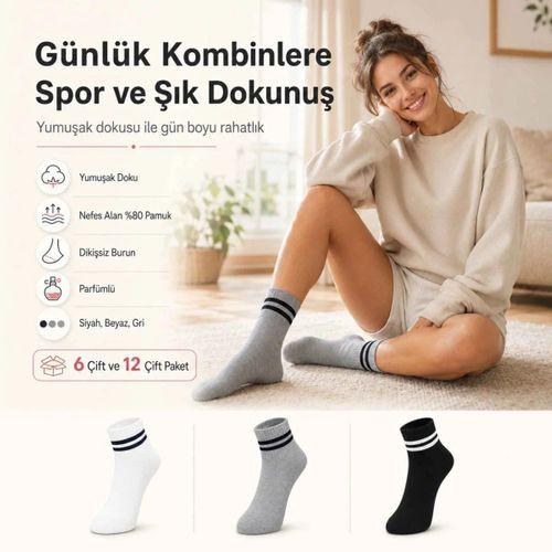 Unisex Çizgili Bilek Çorap 12'li | %80 Pamuklu Dikişsiz Burun, Siyah Beyaz Gri Günlük Spor