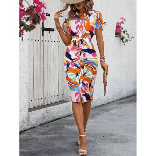 Kadın Kısa Kollu Yakalı önü Düğmeli önden Drapeli Desenli Süprem Elbise