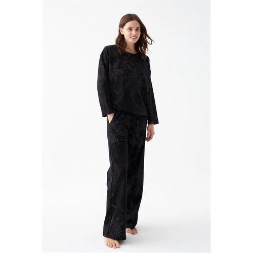 Kadın Oversize Siyah Çiçek Desenli Pamuklu Kalın Pijama Takımı
