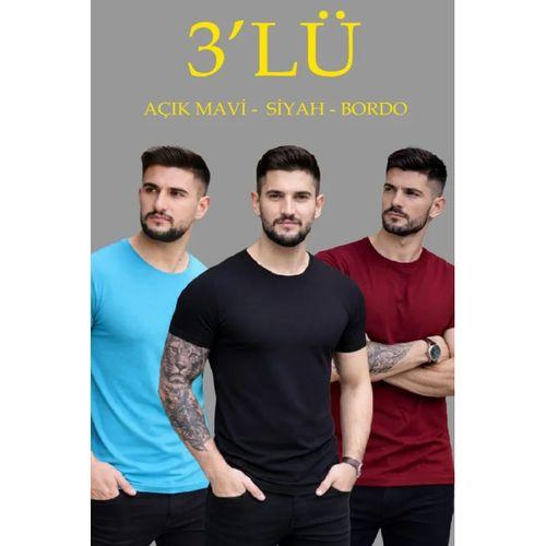 Erkek 3lü Bisiklet Yaka Tişört – Kısa Kollu Yazlık Slim Fit Body - Siyah, Açık Mavi, Bordo