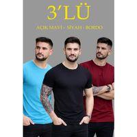 Erkek 3lü Bisiklet Yaka Tişört – Kısa Kollu Yazlık Slim Fit Body - Siyah, Açık Mavi, Bordo