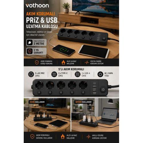 Akım Korumalı 5’li Priz 2xusb 2xtype-c Çıkış Akım Koruma Çoklu Priz Çoğaltıcı Anahtarlı Ftr-31 Siyah