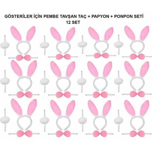 Pembe Tavşan Kostüm Seti – Taç, Papyon, Ponpon (12’li Paket)