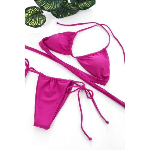 Kadın Fuşya Üçgen Bikini Takımı Yandan Bağlamalı Tangalı Canlı Renk Şık Mayo Seti