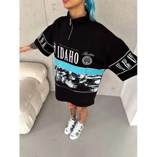 Pilelistore Unisex Baskılı Yarım Fermuarlı T-Shirt - Siyah