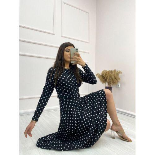 Kadın Siyah Tam Boy Beyaz Puantiyeli Elbise