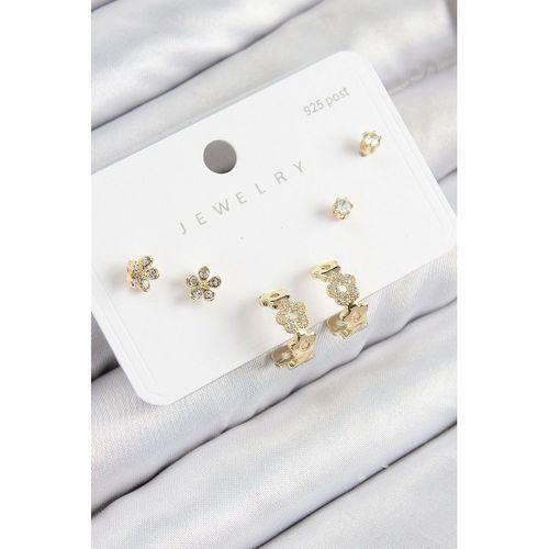 Pirinç Zirkon Taşlı Halka Model Gold Renk 925 Ayar Gümüş Çivi Kadın Küpe Set
