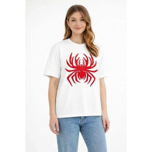 Örümcek Baskılı Tişört Kısa Kollu Bisiklet Yaka T-Shirt - Beyaz