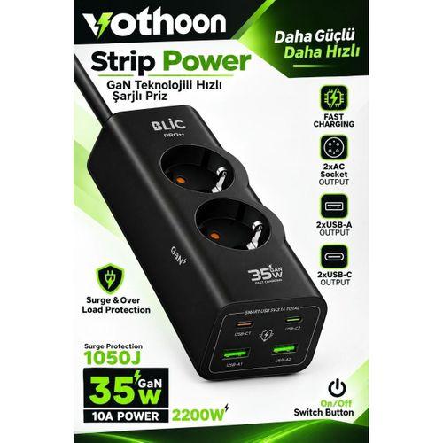 Akım Korumalı Priz 2 Ac Soket 2 Usb-a 2 Usb-c 35w Hızlı Şarj 1050j Koruma 2 Mt Kablo 2200w