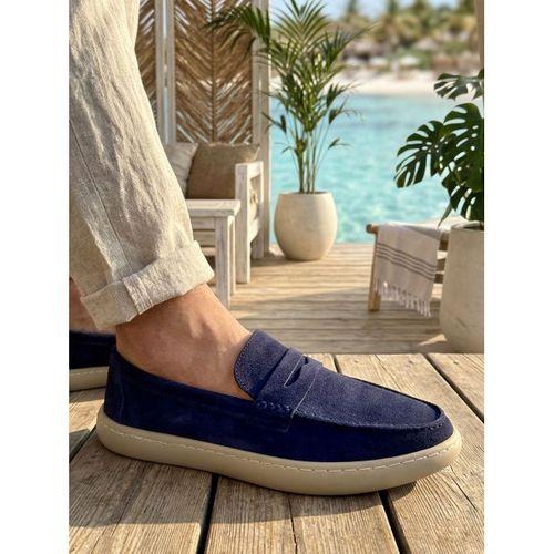 BA0251 %100 İçi Dışı Hakiki Deri Erkek Lacivert Süet Casual Loafer Kauçuk Rahat Taban Dikişli Ayakkabı