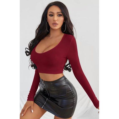 Kadın Bordo Uzun Kol Kare Yaka Crop Top Bluz