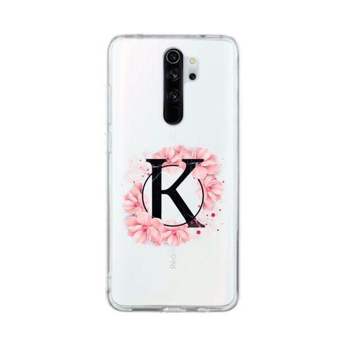 Xiaomi Redmi Note 8 Pro Pembe Çiçek Desen K Harfli Şeffaf Kılıf