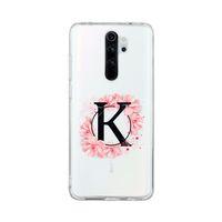 Xiaomi Redmi Note 8 Pro Pembe Çiçek Desen K Harfli Şeffaf Kılıf