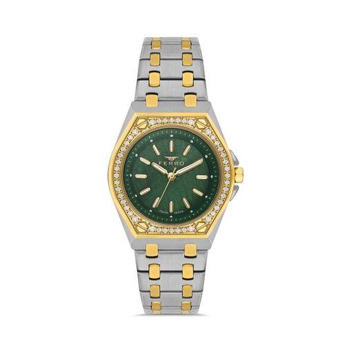 Ferro FL43007A-D6 Quartz Çelik Altın/Gri Yeşil Kadran 33 mm Kadın Kol Saati