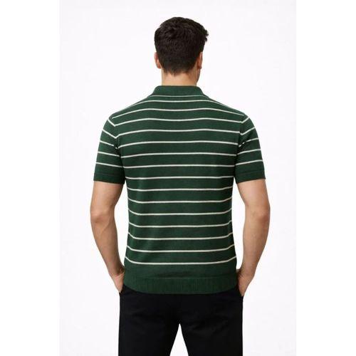 Erkek Triko Polo Yaka Fermuarlı Çizgili Tişört T-Shirt Yazlık Şık - Yeşil