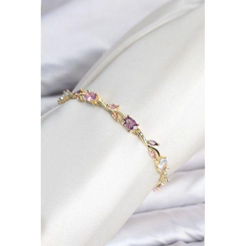 Pirinç Gold Renk Pembe ve Mor Zirkon Taşlı Çiçek Model Kadın Bileklik