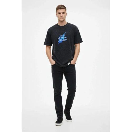 Erkek Asit Yıkamalı Oversize Tişört Future Worlds Baskılı Bisiklet Yaka Kısa Kollu Streetwear %100 Pamuk Street Style T-Shirt - Siyah