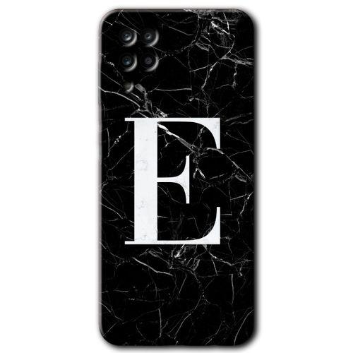 Potkal Hediye Fabrikası Samsung Galaxy M12 Kılıf HD Desen Baskılı Arka Kapak - Siyah Mermer Desenli E Harfi