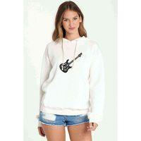 Bas Gitar Siyah Ve Beyaz Elektro Baskılı Beyaz Kadın Kapşonlu Sweatshirt